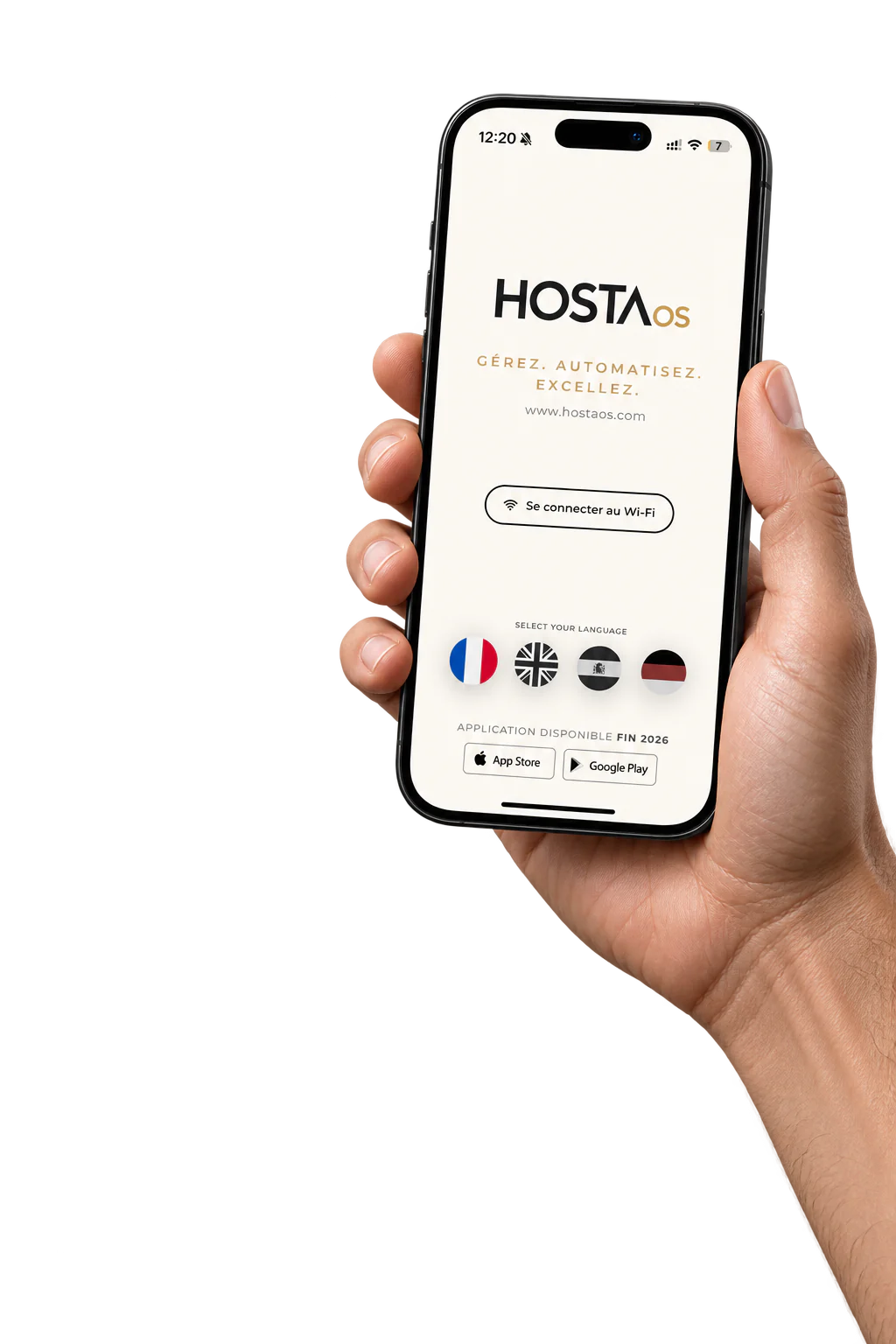 Écran de l’application HostaOS présenté sur un smartphone tenu en main