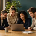 Das IT-Expertenteam von HOSTA um einen Computer versammelt (Illustration)