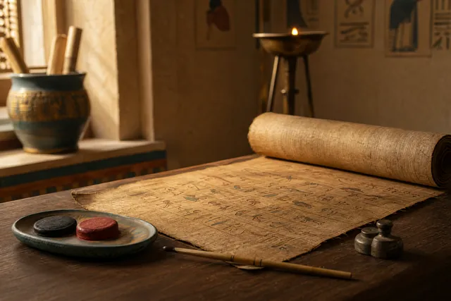 Entrollte Papyrusrolle, Schreibrohr und Tuschestücke in Schwarz und Rot