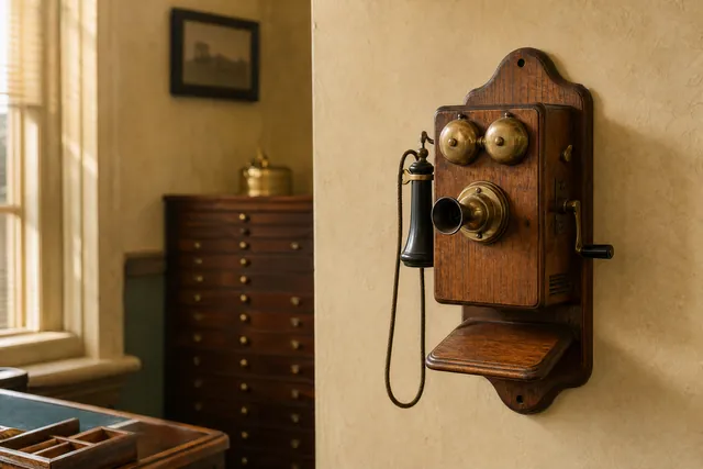 Altes hölzernes Wandtelefon mit Messingglocken und Kurbel