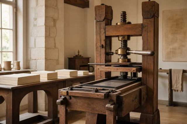 Spindeldruckpresse aus Holz und Messing in einer alten Werkstatt