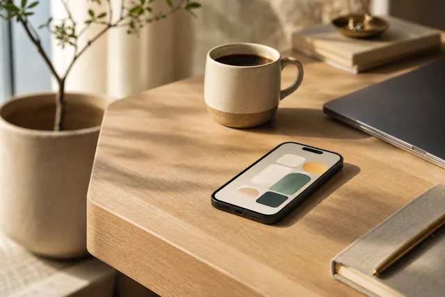 Smartphone, mug and laptop on a light oak desk