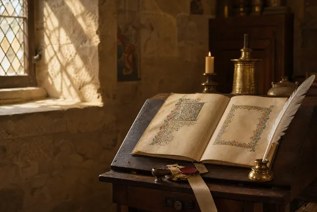 Manuscrito iluminado sobre pergamino, pluma de oca y tintero de latón