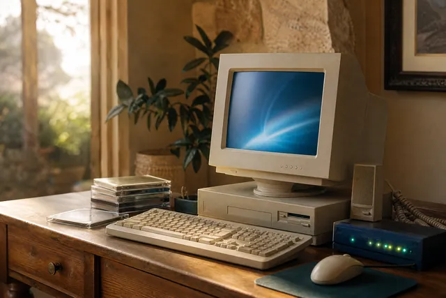Oficina de los años 1990: pantalla de tubo, módem y cable telefónico