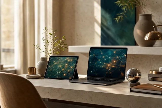 Spazio di lavoro luminoso, tablet e computer con motivi di rete neurale