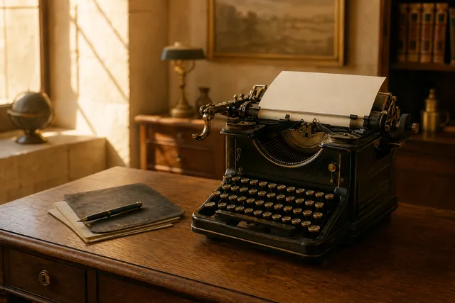 Macchina da scrivere nera e oro dei primi del Novecento su una scrivania di quercia
