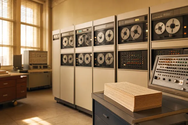 Sala di un mainframe con armadi e lettori di nastri magnetici