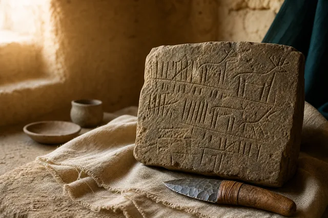 Pietra incisa con tacche e pittogrammi, con uno scalpello di selce