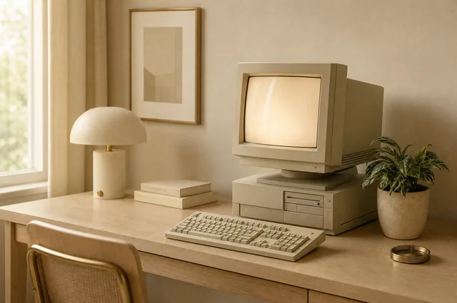 Beige personal computer met beeldbuis op een licht eikenhouten bureau