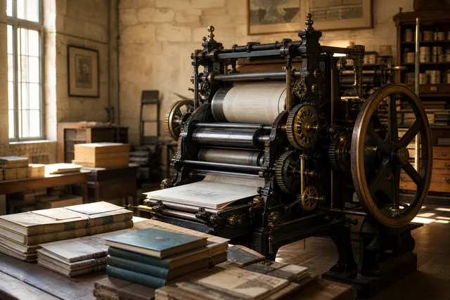 Industriële rotatiepers uit de 19e eeuw, cilinders, tandwielen en stapels gedrukte boeken