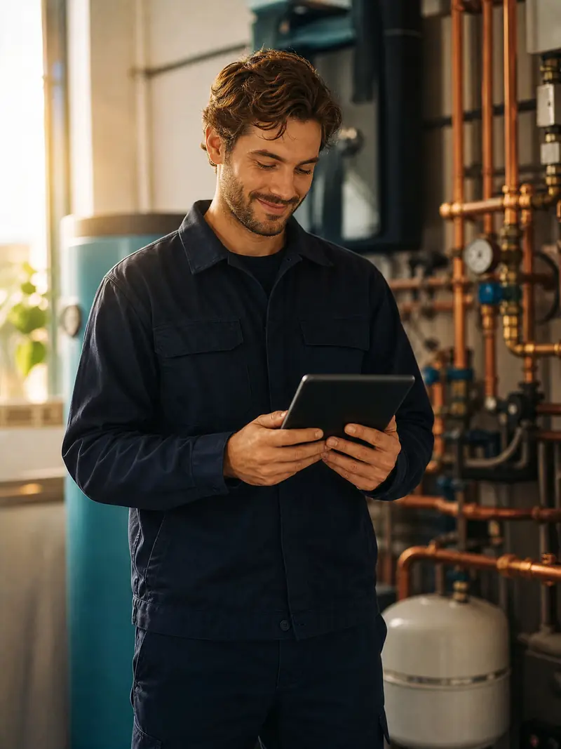Monteur die een servicerapport laat ondertekenen op een tablet (illustratie)